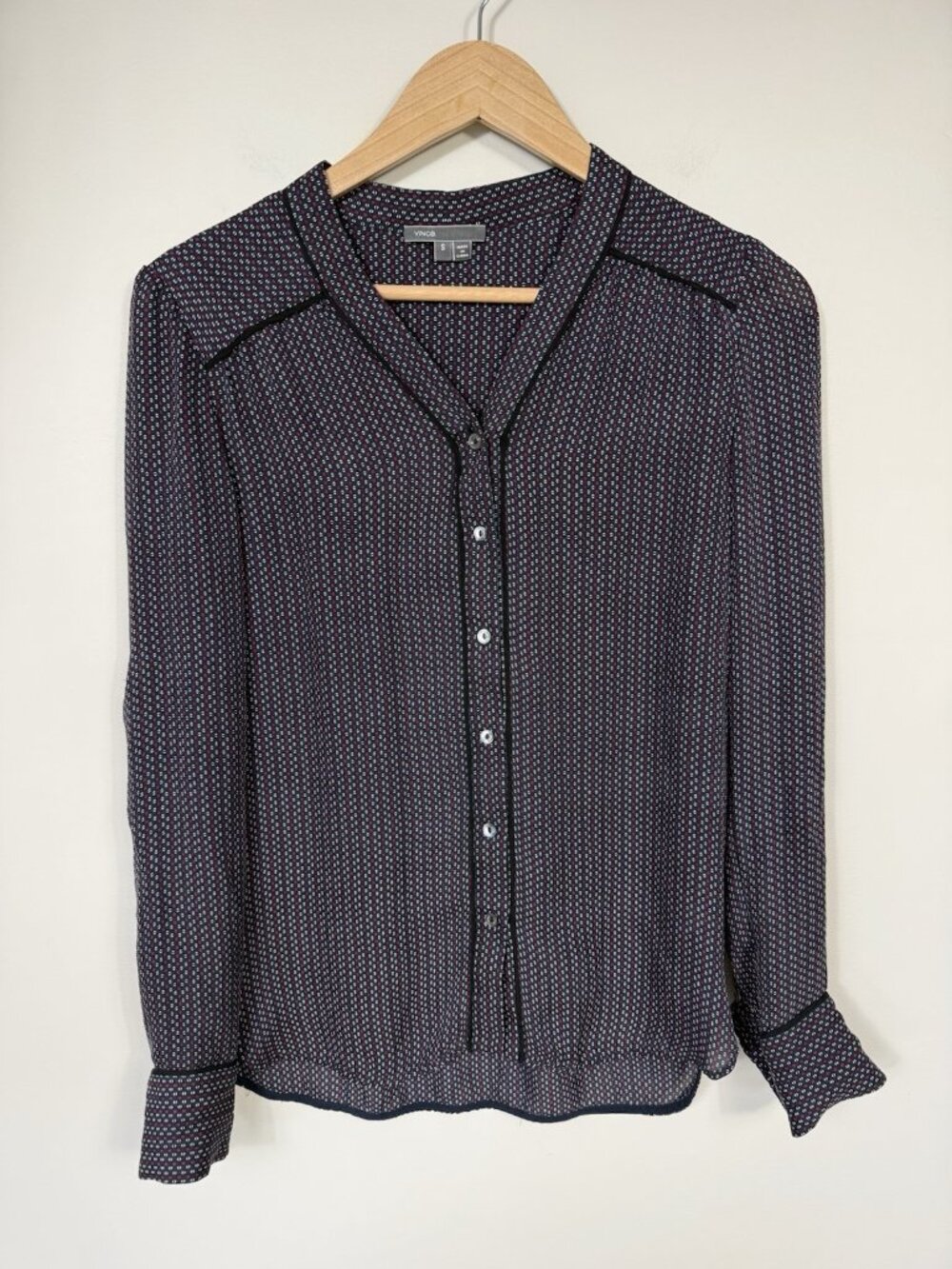Vince Silk Shirt Top Blouse Button Up V-Neck Collarless Womens Small  Navy Blue